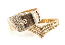 9CT GOLD BUCKLE RING, set with white stones, together with 9ct gold wishbone ring, 6.1gms gross (