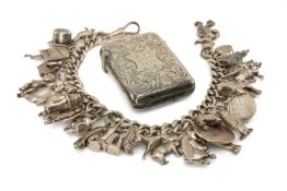 SILVER CHARM BRACELET & VESTA CASE, the curb link bracelet with appr. 33 charms, the vesta floral