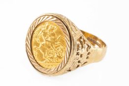 GOLD SOVEREIGN RING, set with Edward VII 1905 full sovereign in 9ct gold pierced equine and floral