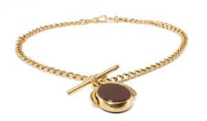 18CT GOLD CURB LINK ALBERT CHAIN WITH 15CT FOB, the chain of even links with T-bar and two swivel