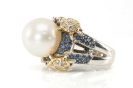 18CT WHITE GOLD PEARL, SAPPHIRE & DIAMOND DRESS RING, ring size M, 24.3gms Provenance: deceased