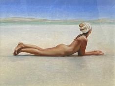 ‡ GUY EYRES (British, b. 1968) oil on canvas - 'Still of the Morning', female nude lying on beach,