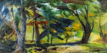 ‡ KENNETH WEBB RWS FRSA RUA (British, b. 1927) oil on canvas - Woodland glade, signed, 37 x 74cms
