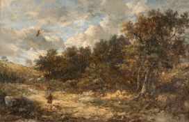 JOSEPH THORS (British, 1843-1898) oil on canvas - Gundog and master near a woodland, signed, 27.5