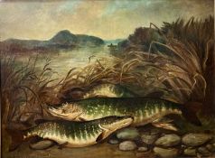 WILSON MONEY/J. RUSSELL (British, 19th Century) oil on canvas - pike on a riverbank, signed lower