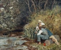 CHARLES EDWARD ROE (British, 1862-1940) oil on canvas - three young boys fishing, signed and dated