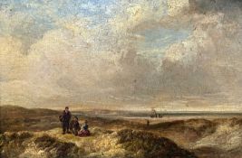 19TH CENTURY BRITISH SCHOOL oil on panel - figures on beach with sailing boat on shoreline,