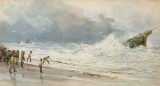 CHARLES SIM MOTTRAM (British, 1807-1876) watercolour - 'High Tide off Trebarwith Strand', dynamic