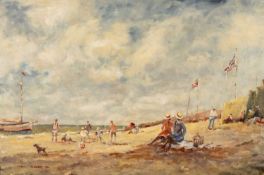 ‡ JOHN HORWOOD (British, 1934-1994) oil on board - Beachscape with figures, boat, ball and