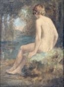 ERNEST LEOPOLD SICHEL (British, 1862 - 1941) oil on canvas - seated boy beside woodland pool, signed