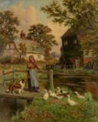 CLAUDE CARDON (British, 1864-1937) oil on canvas - Safely Across, a girl crossing a small wooden