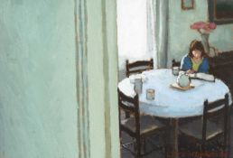 ‡ JAMES MACKEOWN (British, lives / works France, b. 1961) oil on canvas - Figure in Blue Reading,