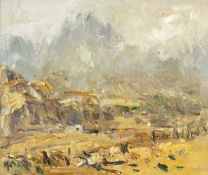 ‡ GARETH PARRY (b.1951) oil on canvas - entitled verso, 'Tryfan Yn Y Gaeaf / Tryfan in Winter' on