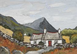 ‡ DAVID BARNES (1942-2021) oil on board - cottage below mountain, signed verso, 23 x 33cms