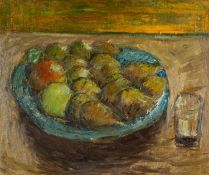 ‡ CHARLES BURTON (b.1929) oil on canvas - entitled verso, 'Table, Fruit and Glass' on Martin