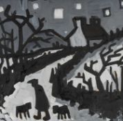 ‡ KARL DAVIES (b. 1971) oil on board - farmer and dogs at night on path leading to cottage, signed