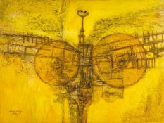 ‡ OGWYN DAVIES (1925-2015) acrylic and oil - semi-abstract in yellow, entitled verso 'Harvest Bird