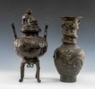 JAPANESE BRONZE KORO & COVER, the bulbous container cast with four panels of mythical animals and