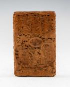 CANTONESE WOOD CARD CASE, Daoguang, carved in shallow relief with figures on terraces, oval