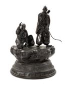 JAPANESE BRONZE SAMURAI GROUP, Meiji or later, depicting an archer and companion, on naturalistic