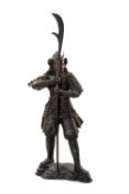 LARGE BRONZE SAMURAI FIGURE, late 20th C., depicting a standing warrior with yari, 127cms (h)