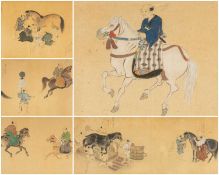 FIVE JAPANESE EDO SCHOOL PAINTINGS, 20th C, of Japanese horses and riders with grooms, including one