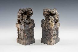 PAIR CHINESE CARVED STONE LARGE SEALS, mottled grey tone, modelled with Buddhistic lions and cubs,