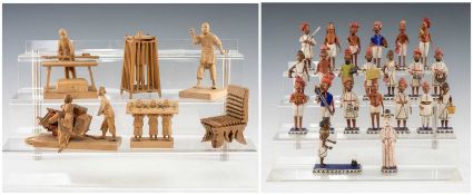 ASSORTED INDIAN PAINTED WOOD FIGURINES, Company School style, depicting artisans and musicians,