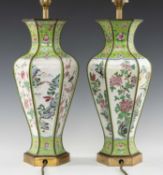 PAIR CANTON ENAMEL TABLE LAMPS, modern, baluster form and octagonal section, decorated with