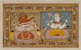 SMALL INDIAN MINIATURE PAINTING, depicting Ganesha and Vishnu holding lotus, within floral meander