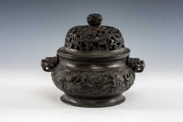 CHINESE BRONZE CENSER & COVER, of bellied form, with lion mask handles, cast with eight mythical