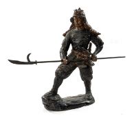 JAPANESE BRONZE SAMURAI FIGURE, late 20th C., depicting a standing warrior with yari, 83cms (h)