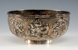 CHINESE SILVER SUGAR BOWL, by Wang Hing, c. 1900, cast to the outside with eight hexagonal panels