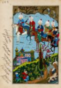 INDO-PERSIAN SCHOOL, 20th C., gouache on paper - Suleiman the Magnificent Hunting With Foreign