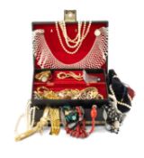 JEWELLERY BOX & CONTENTS comprising quantity of costume jewellery including necklaces, brooches,