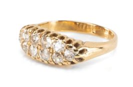 YELLOW METAL TEN-STONE DIAMOND RING, set with two rows of old-cut stones, ring size N, 4.4g in