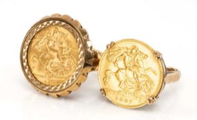 TWO GOLD HALF SOVEREIGN RINGS, 1907 & 1914 in 9ct mounts, total wt. 18.0g, ring size P (2)