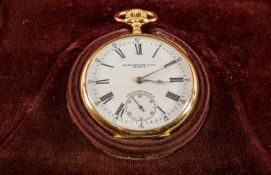 PATEK PHILIPPE 18CT GOLD CHRONOMETRO GONDOLO KEYLESS POCKET WATCH, white enamel dial with subsidiary