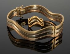 9CT THREE-COLOUR GOLD WAVY BANGLE, cuff size 6cms, 15.7g; together with similar 9ct gold wavy