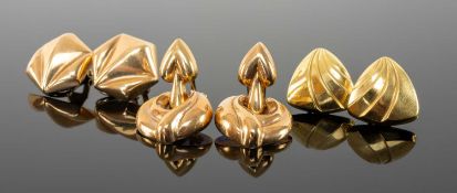 THREE PAIRS OF 9CT GOLD MODERN EARRINGS, with clip fastenings, largest 30mms drop, gross wt. approx.