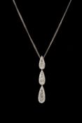 18CT WHITE GOLD & DIAMOND THREE-TIER PENDANT NECKLACE, pendant drop 34mms, chain 46cms (l), 4g
