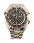 OMEGA CHRONOSTOP SEAMASTER STAINLESS-STEEL WRISTWATCH, the signed circular black dial with baton