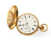 18CT GOLD SWISS HUNTER POCKET WATCH, three-quarter plate lever key wind movement, white enamel Roman