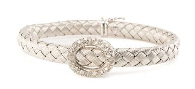 14KT WHITE GOLD FLEXIBLE BRACELET, of plaited design with diamond-set oval centrepiece, cabochon