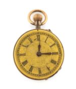 LATE 19TH CENTURY SWISS 9CT GOLD FOB WATCH, engraved back, Roman numerals to the textured dial,