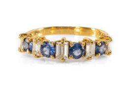 18CT GOLD SAPPHIRE & DIAMOND HALF ETERNITY STYLE RING, comprising four round-cut sapphires and