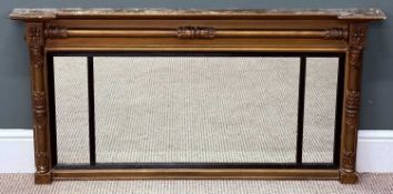 19TH CENTURY RECTANGULAR GILT FRAMED OVERMANTEL MIRROR, with triple plates, half-turned columns,