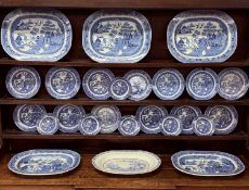 BLUE & WHITE CHINA TO NEXT LOT, including five oval transfer decorated willow pattern meat plates,