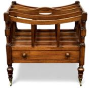 MAHOGANY FOUR-DIVISION CANTERBURY DRAWER with turned knob handles, turned supports with brass