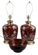 TWO MODERN CHINOISERIE STYLE TABLE LAMPS, metallic red and gold floral pattern, 84cms (h), with a
